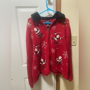 Vintage Studio Fa La La Christmas Sweater 3X Red Zip Up Skiing Santa Faux Fur